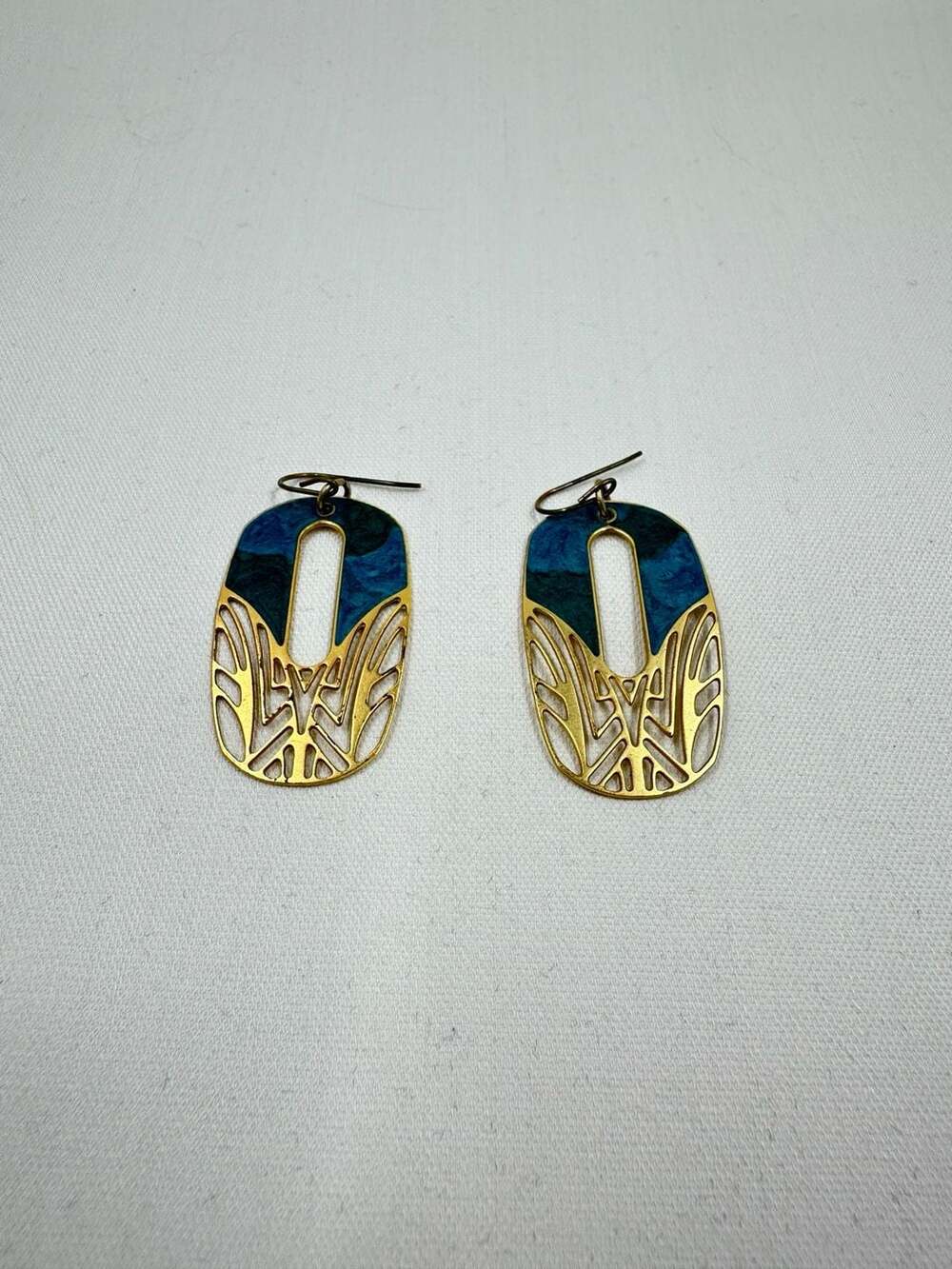 Vintage Edgar Berebi Abstract Gold-Tone and Teal Blue Enamel Dangle Earrings